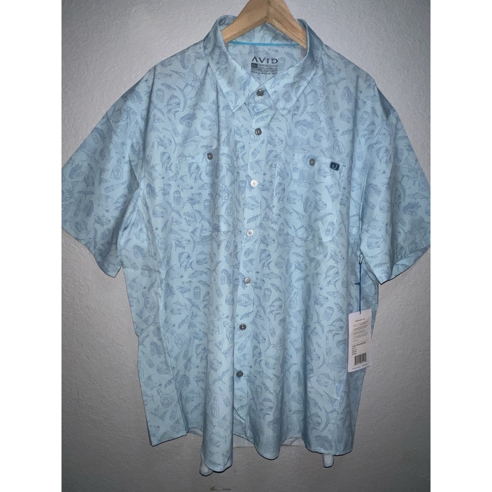 AVID Sportswear Fishing Shirt Mens 2XL AOP Blue Palapa Fish Short Sleeve Button
